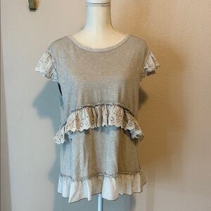 Easel Gray Ruffle Lace Tee